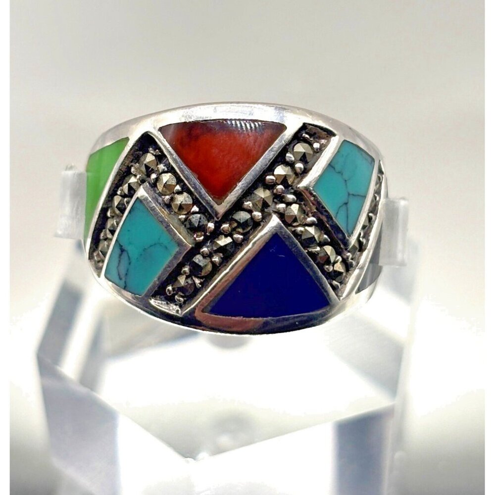 Sterling Silver Ring Multicolor Inlay Gemstones - Turquoise Lapis Onyx 7.5 6g Wt